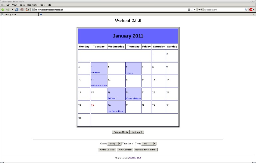 Calendar view showing full size table
